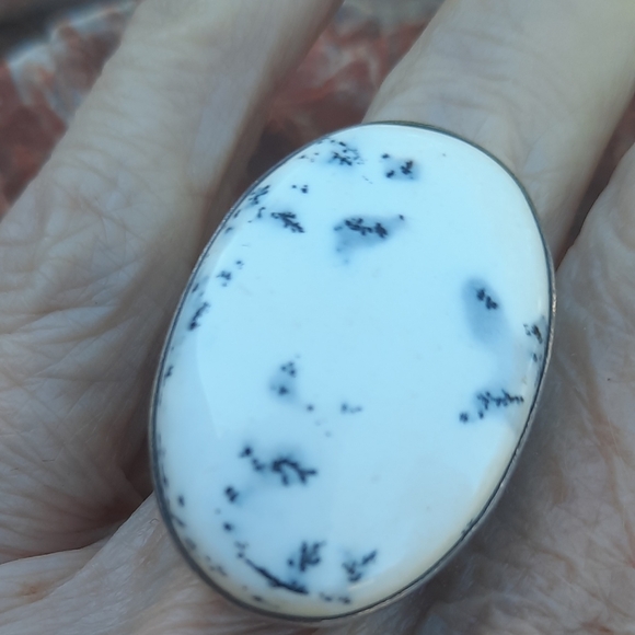 Noisy Plume White Dentric Agate Ring. Size 9. Elegant White and Black Stone Ring - Picture 3 of 4